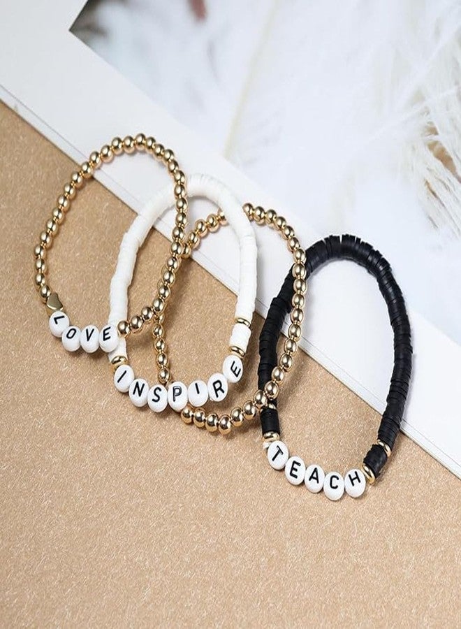 SCRDPRAD Handmade Teacher Appreciation Stackable Bracelets Colorful Solf Clay Love Teach Inspire Letter Beaded Adjustable Heishi Surfer Bracelets Sweet Teacher Gifts for Women-black - Image 3
