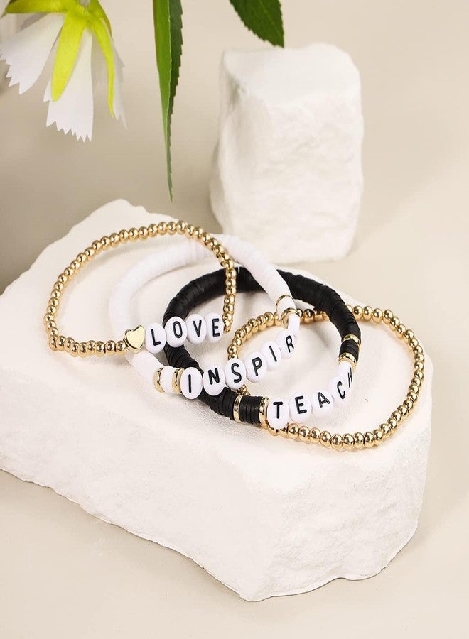 SCRDPRAD Handmade Teacher Appreciation Stackable Bracelets Colorful Solf Clay Love Teach Inspire Letter Beaded Adjustable Heishi Surfer Bracelets Sweet Teacher Gifts for Women-black - Image 4