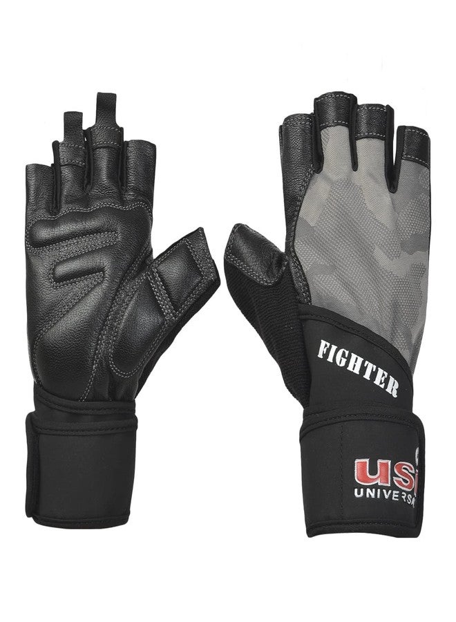 USI UNIVERSAL Gym Gloves 733F Fighter - Fitness Workout Gloves for Men & Women, Powerlifting, Leather, Polyester, Elastane, Foam Construction (X-Large, Grey) - Image 1
