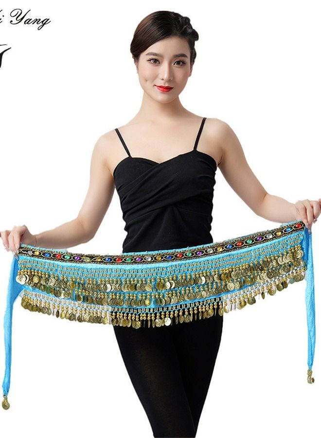 Loquat Coins Pendant Diamond Waist Chain Skirt Belly Dance Tassel Waist Wrap Belt Skirts Party Rave Costume Lake Blue