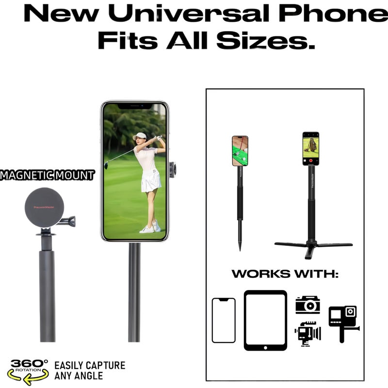PrecisionMaster Golf Tripod & Monopod, Magnetic Golf Film Stick 52" Adjustable Aluminum, Golf Swing Training Aid Compatible with Magsafe iPhone Android Phones - Image 2