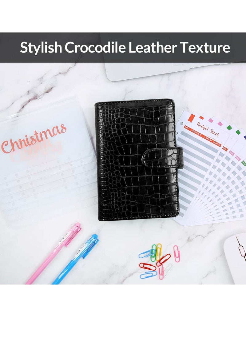 KASTWAVE Budget Binder with 8pcs Cash Envelopes for Budgeting, Crocodile Pattern A6 Binder with 2Pcs Label Stickers and 12Pcs Expense Trackers Money Organizer for Cash for Saving Binder(Black)  - Image 2