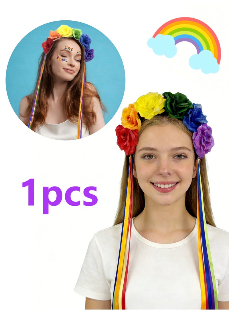 Rainbow Flower Headband Pride Day Floral Crown Gay Pride Rainbows Hair Accessories Parades Accessories for Women GirlsCostume Party Decorations - Image 1