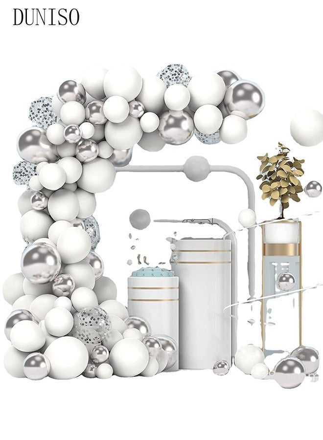 DUNISO Balloons Garland Arch Kit 112 Pcs 5/10/12/18 Inch Silver and White Latex Balloons Set For Baby Shower Wedding Birthday Party Background Decorations School Opening Ceremony - Image 4