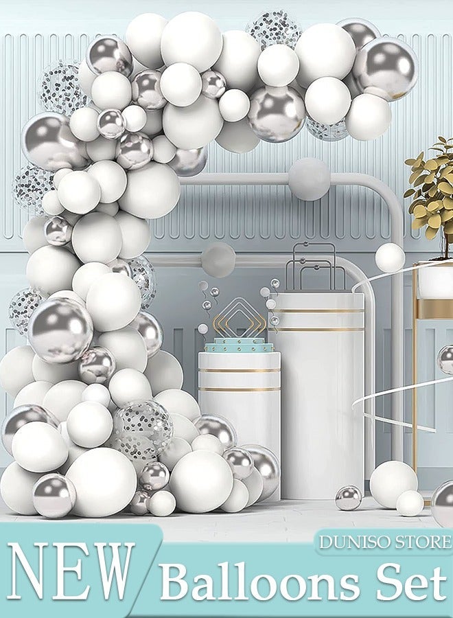 DUNISO Balloons Garland Arch Kit 112 Pcs 5/10/12/18 Inch Silver and White Latex Balloons Set For Baby Shower Wedding Birthday Party Background Decorations School Opening Ceremony - Image 1