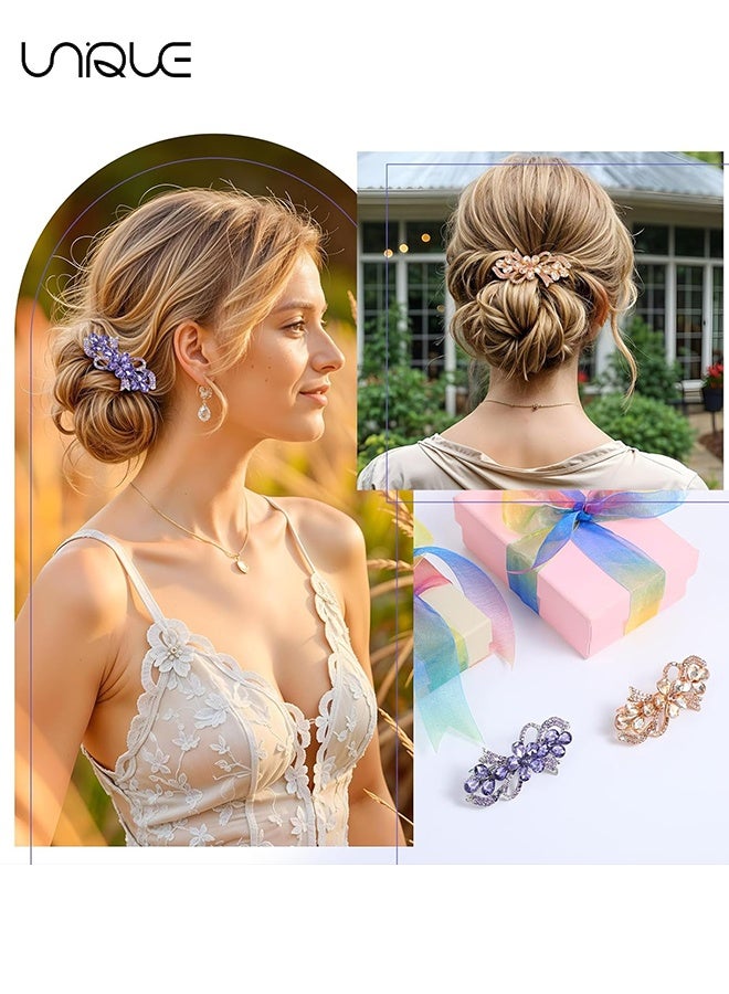 Unique 2 Pcs Bow Hair Clips with Rhinestones - Crystal Flower Hair Clip - Vintage Crystal Flower Hair Clip - Sparkling Hair Accessory - Women's Hair Clip - Perfect Choice for Everyday Use and Special Occasions (Purple/Champagne) - Image 5