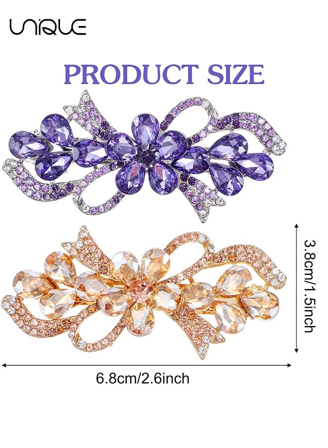 Unique 2 Pcs Bow Hair Clips with Rhinestones - Crystal Flower Hair Clip - Vintage Crystal Flower Hair Clip - Sparkling Hair Accessory - Women's Hair Clip - Perfect Choice for Everyday Use and Special Occasions (Purple/Champagne) - Image 2