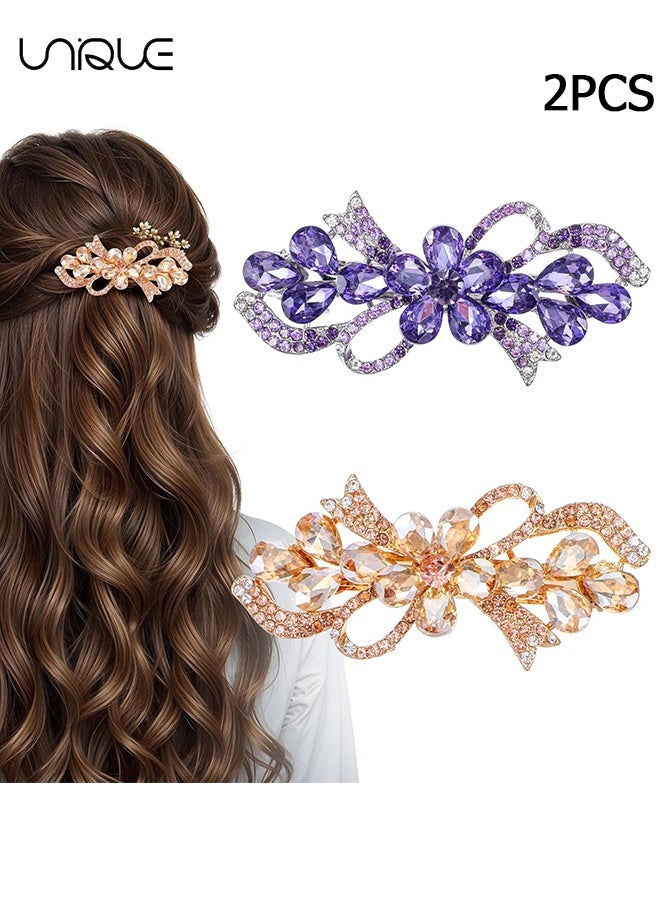 Unique 2 Pcs Bow Hair Clips with Rhinestones - Crystal Flower Hair Clip - Vintage Crystal Flower Hair Clip - Sparkling Hair Accessory - Women's Hair Clip - Perfect Choice for Everyday Use and Special Occasions (Purple/Champagne) - Image 1