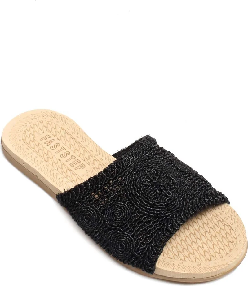 فاست ستيب Women's Comfortable Summer Holiday Casual Patterned Straw Slippers Black 935za370