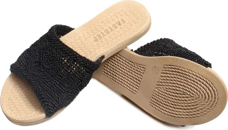 فاست ستيب Women's Comfortable Summer Holiday Casual Patterned Straw Slippers Black 935za370