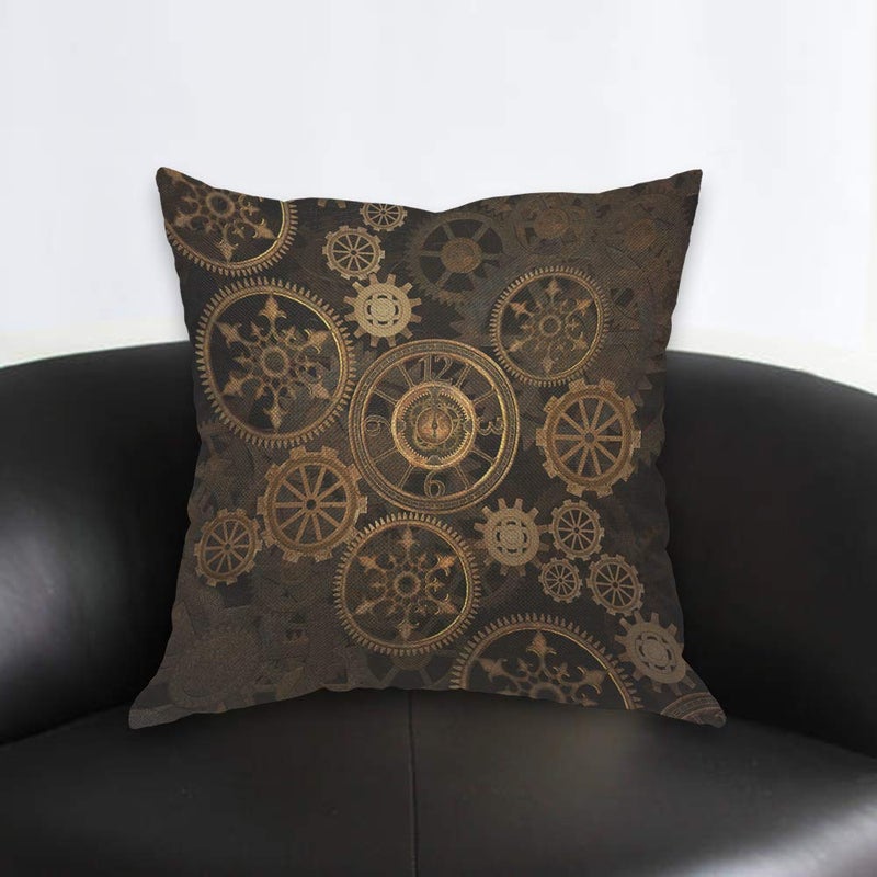AOYEGO Steam Punk Gears Throw Pillow Cover Golden Technology Science Wheels Mechanical Circle Vintage Pillow Case 18x18 Inch Decorative Men Women Boy Girl Room Cushion Cover for Home Couch Bed - Image 2