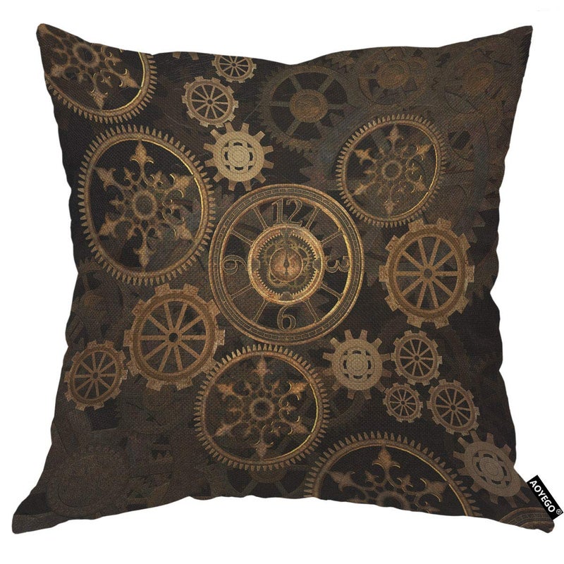 AOYEGO Steam Punk Gears Throw Pillow Cover Golden Technology Science Wheels Mechanical Circle Vintage Pillow Case 18x18 Inch Decorative Men Women Boy Girl Room Cushion Cover for Home Couch Bed - Image 1
