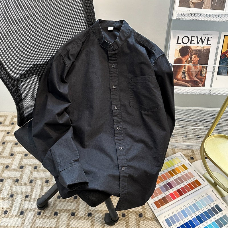 Oxford textile casual shirt men's long-sleeved spring and autumn white stand-up collar shirt high-end sense Henry collar jacket men's trendy top - Image 3