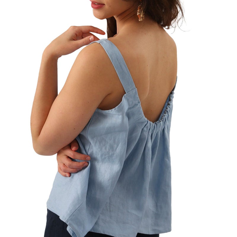 Amazhiyu Womens Pure Linen Square Neck Sleeveless Tank Tops for Casual Summer Blue, Small - Image 3
