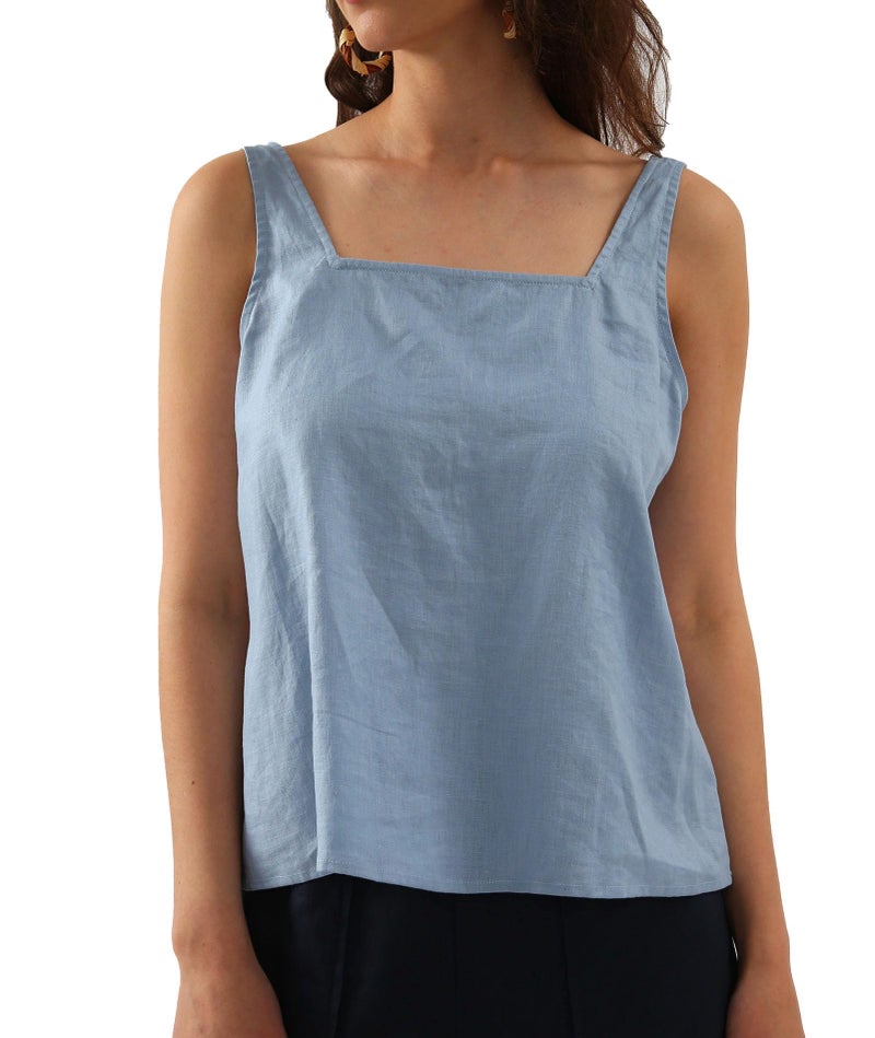 Amazhiyu Womens Pure Linen Square Neck Sleeveless Tank Tops for Casual Summer Blue, Small - Image 2