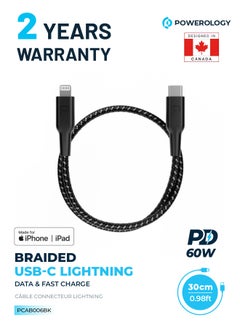 Powerology MFI Braided Type-C to Lightning Cable 30CM - Black  - Image 1