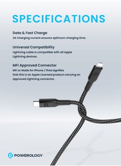 Powerology MFI Braided Type-C to Lightning Cable 30CM - Black  - Image 3