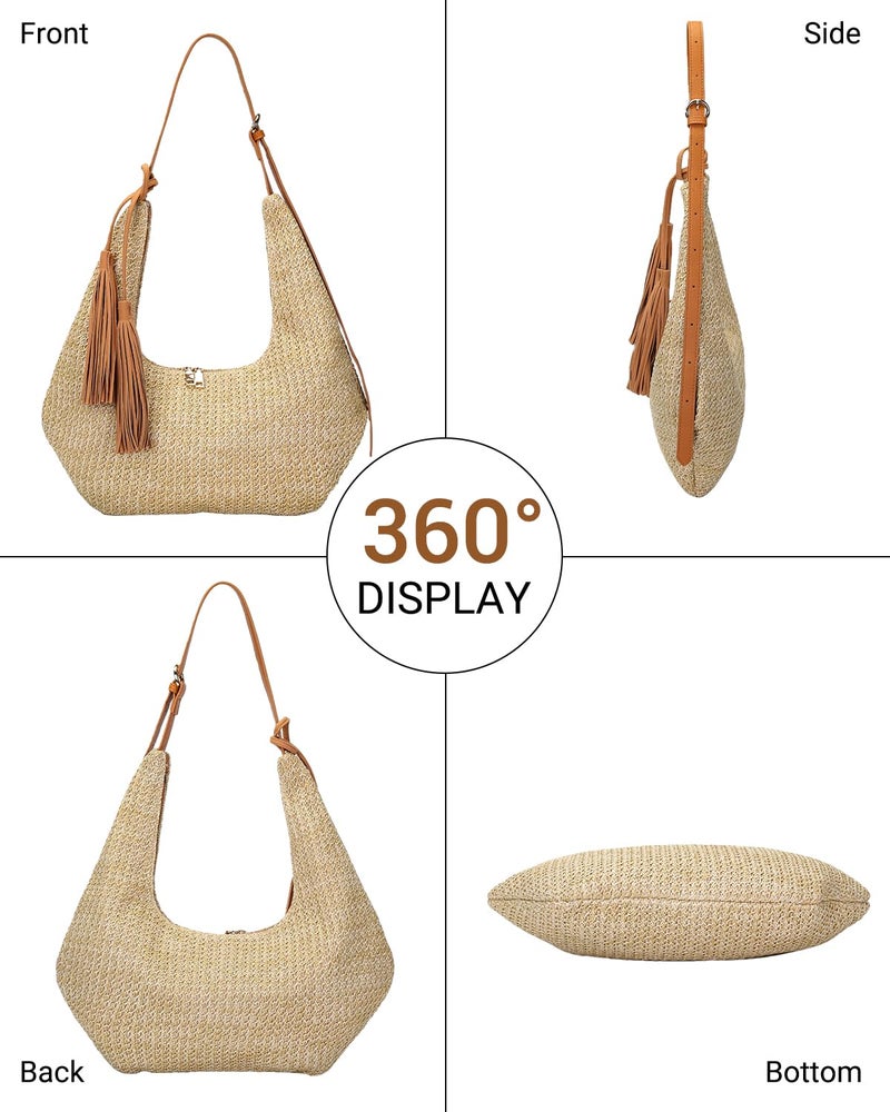 Herald Tassel Straw Hobo Shoulder Bag for Women, Summer Beach Crescent Crossbody Purse Handbag with Adjustable Strap (Brown) - Image 4