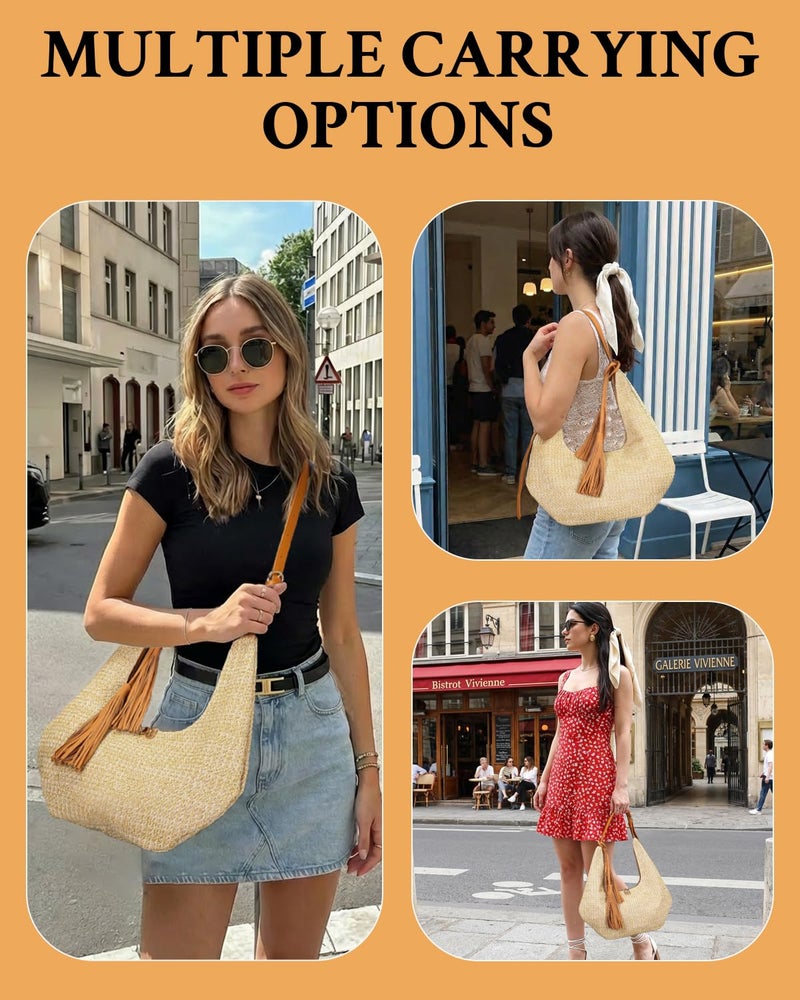 Herald Tassel Straw Hobo Shoulder Bag for Women, Summer Beach Crescent Crossbody Purse Handbag with Adjustable Strap (Brown) - Image 3