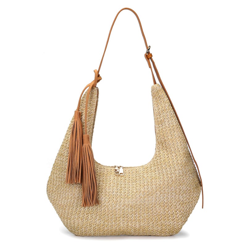 Herald Tassel Straw Hobo Shoulder Bag for Women, Summer Beach Crescent Crossbody Purse Handbag with Adjustable Strap (Brown) - Image 1