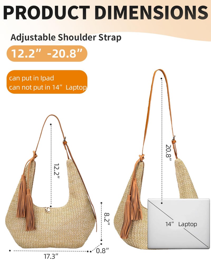 Herald Tassel Straw Hobo Shoulder Bag for Women, Summer Beach Crescent Crossbody Purse Handbag with Adjustable Strap (Brown) - Image 5