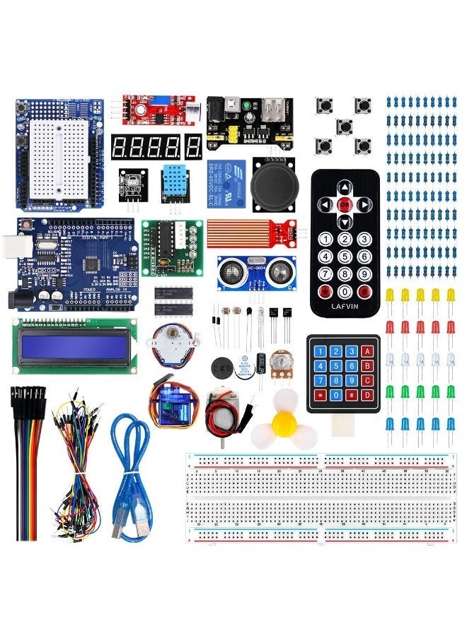 مجموعة بدء التشغيل المتقدمة UNO R3 مع ترقيات RFID - لوحة R3 محسنة، ولوحة التوسعة، وشاشة LCD1602، ومحرك متدرج، ومحرك سيرفو، ومكونات مشروع البدء. - Image 1
