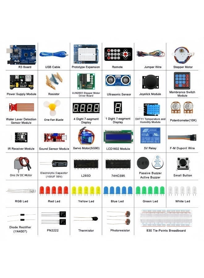 مجموعة بدء التشغيل المتقدمة UNO R3 مع ترقيات RFID - لوحة R3 محسنة، ولوحة التوسعة، وشاشة LCD1602، ومحرك متدرج، ومحرك سيرفو، ومكونات مشروع البدء. - Image 2