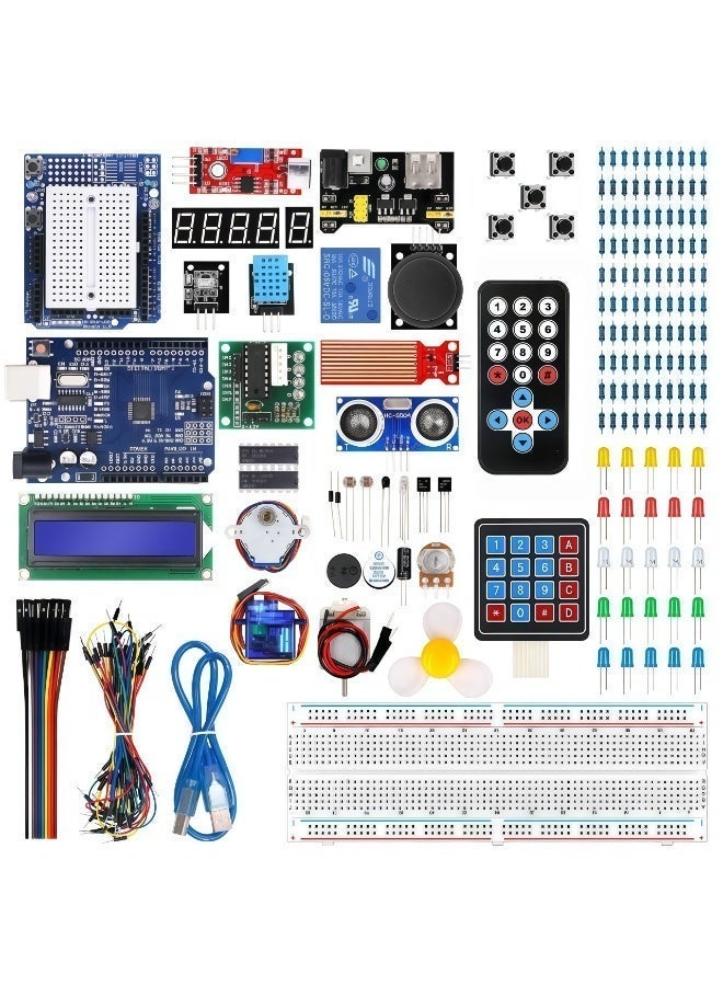 مجموعة بدء التشغيل المتقدمة UNO R3 مع ترقيات RFID - لوحة R3 محسنة، ولوحة التوسعة، وشاشة LCD1602، ومحرك متدرج، ومحرك سيرفو، ومكونات مشروع البدء. - Image 1