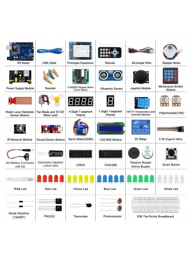 مجموعة بدء التشغيل المتقدمة UNO R3 مع ترقيات RFID - لوحة R3 محسنة، ولوحة التوسعة، وشاشة LCD1602، ومحرك متدرج، ومحرك سيرفو، ومكونات مشروع البدء. - Image 2