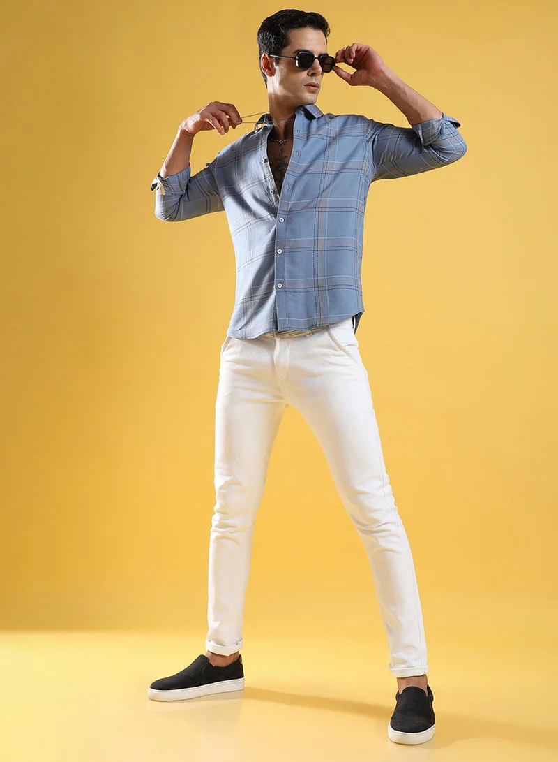 Campus Sutra Campus Sutra Men's Icy Blue Tartan Plaid Shirt For Casual Wear | Spread Collar | Long Sleeve | Button Closure | Cotton Shirts Crafted With Comfort Fit For Everyday Wear