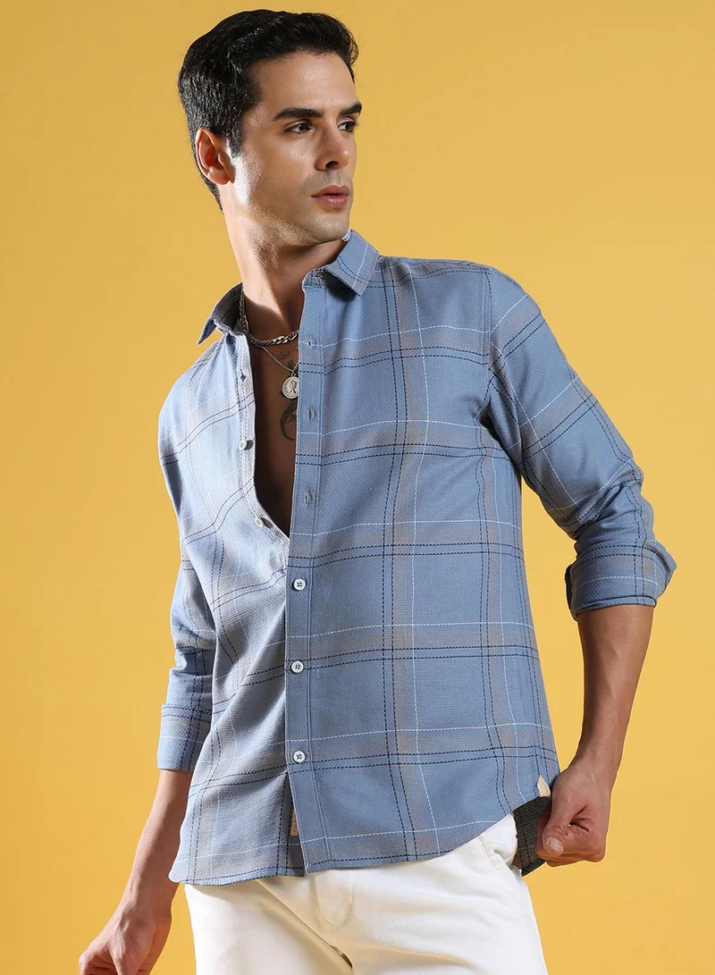 Campus Sutra Campus Sutra Men's Icy Blue Tartan Plaid Shirt For Casual Wear | Spread Collar | Long Sleeve | Button Closure | Cotton Shirts Crafted With Comfort Fit For Everyday Wear
