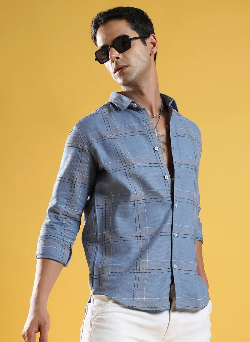 Campus Sutra Campus Sutra Men's Icy Blue Tartan Plaid Shirt For Casual Wear | Spread Collar | Long Sleeve | Button Closure | Cotton Shirts Crafted With Comfort Fit For Everyday Wear