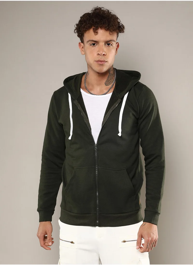 كامبوس سوترا Men's Forest Green Zip-Front Hoodie With Contrast Drawstring