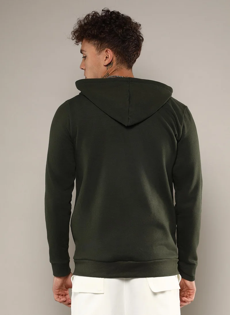 Campus Sutra Men's Forest Green Zip-Front Hoodie With Contrast Drawstring