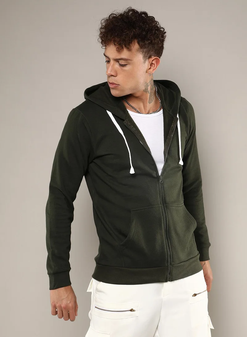 Campus Sutra Men's Forest Green Zip-Front Hoodie With Contrast Drawstring