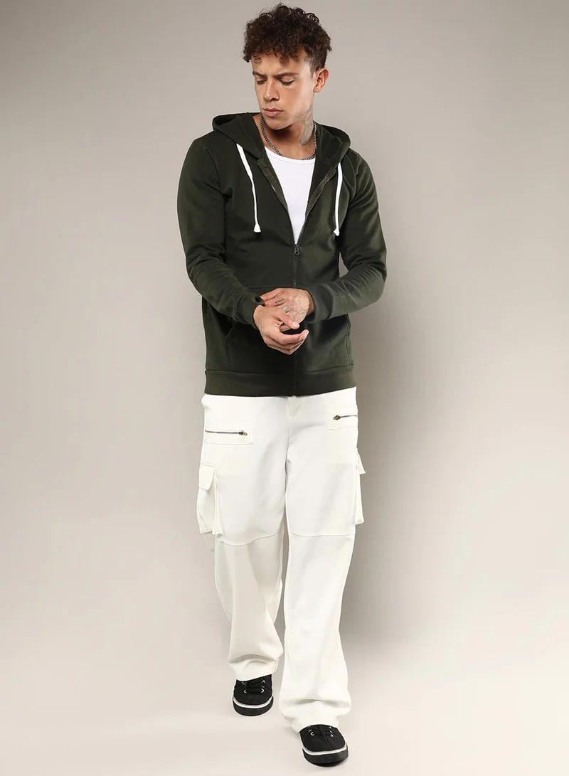 Campus Sutra Men's Forest Green Zip-Front Hoodie With Contrast Drawstring