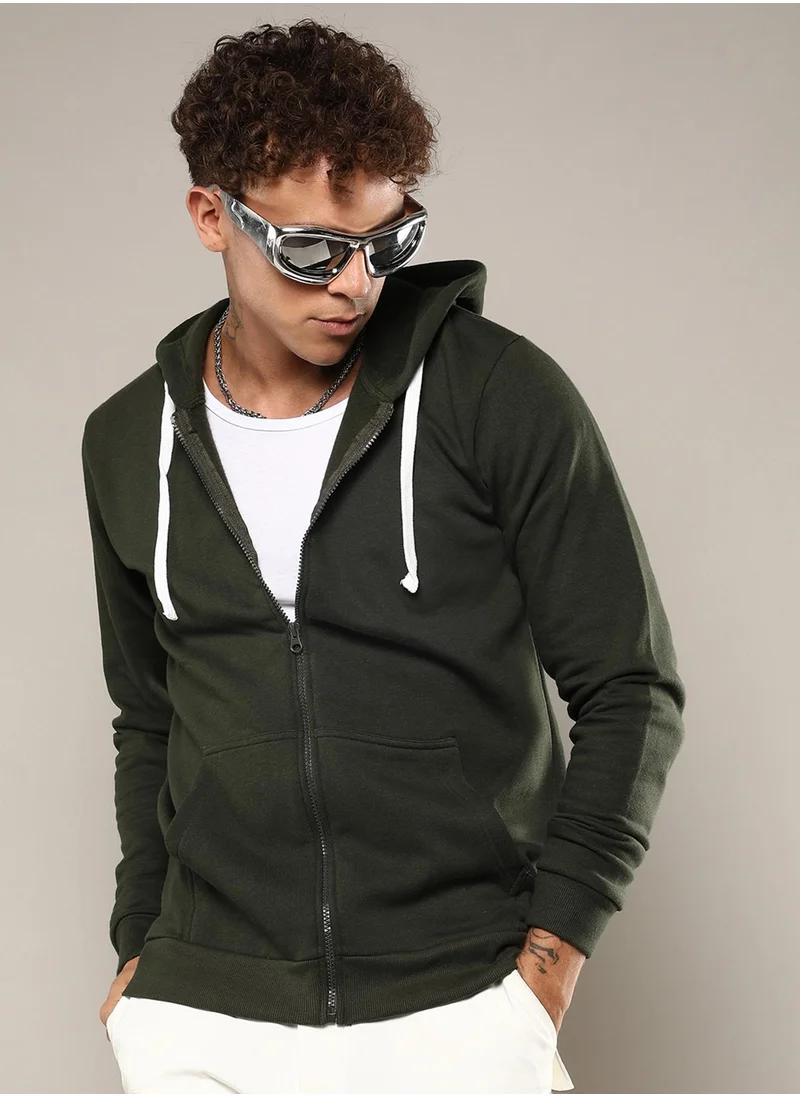 كامبوس سوترا Men's Forest Green Zip-Front Hoodie With Contrast Drawstring