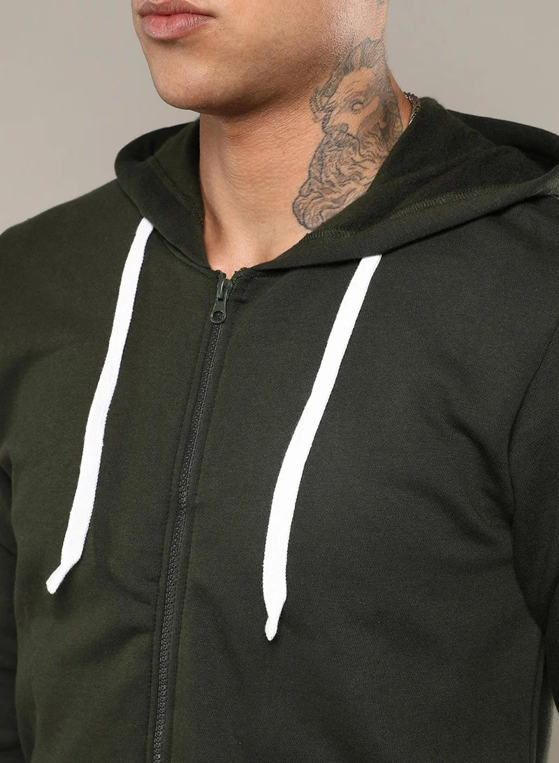 Campus Sutra Men's Forest Green Zip-Front Hoodie With Contrast Drawstring