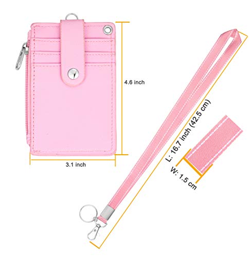 HASFINE ID Badge Holder with Lanyard,2 Sided 5 Card Slots ID Card Holder Wallet with PU Leather Zipper Pocket and Detachable Keychain Lanyard for Teens Women(Pink) - Image 2