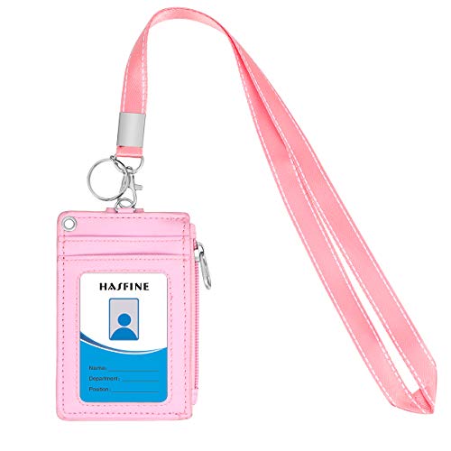 HASFINE ID Badge Holder with Lanyard,2 Sided 5 Card Slots ID Card Holder Wallet with PU Leather Zipper Pocket and Detachable Keychain Lanyard for Teens Women(Pink) - Image 3
