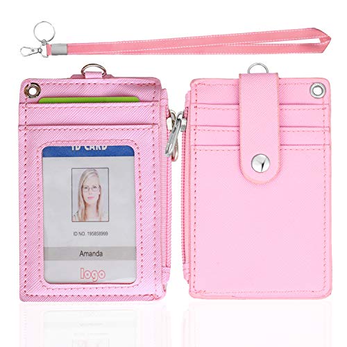HASFINE ID Badge Holder with Lanyard,2 Sided 5 Card Slots ID Card Holder Wallet with PU Leather Zipper Pocket and Detachable Keychain Lanyard for Teens Women(Pink) - Image 1
