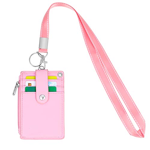 HASFINE ID Badge Holder with Lanyard,2 Sided 5 Card Slots ID Card Holder Wallet with PU Leather Zipper Pocket and Detachable Keychain Lanyard for Teens Women(Pink) - Image 4