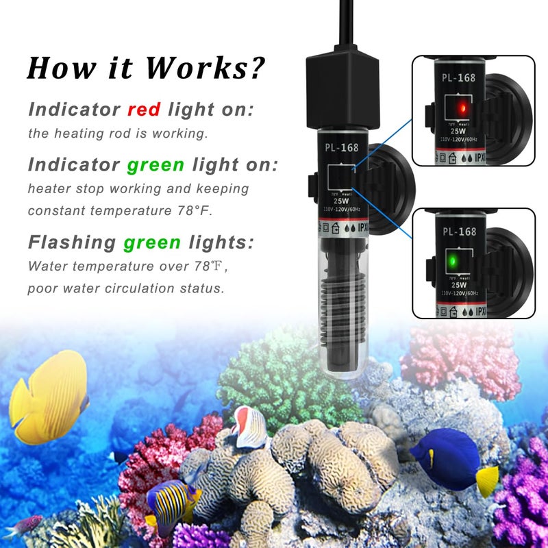 PULACO 25Watt Mini Aquarium Submersible Betta Heater with Free Thermometer Strip for 1-6 Gallon Fish Tanks (Preset Temperature 78â„‰) - Image 4