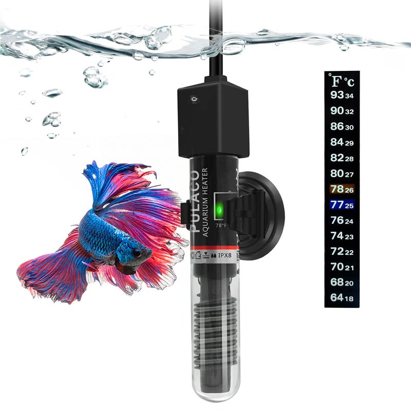 PULACO 25Watt Mini Aquarium Submersible Betta Heater with Free Thermometer Strip for 1-6 Gallon Fish Tanks (Preset Temperature 78â„‰) - Image 1