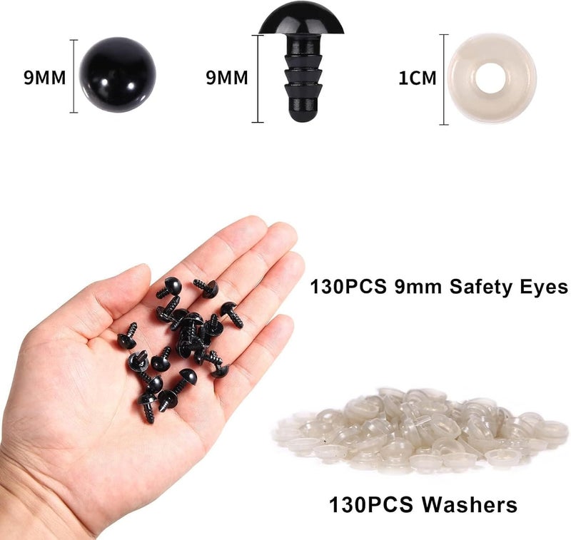 Vanblue Safety Eyes 260PCS 9mm Plastic Black Craft Eyes with Washers Teddy Bear Eyes for Amigurumi Stuffed Animals Crochet Toys Crafts Making Halloween Decorations - Image 2