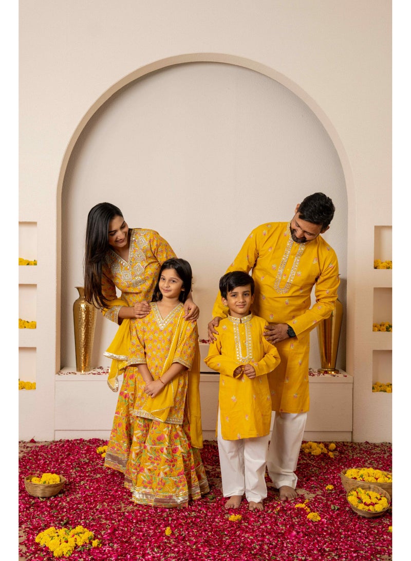 Matching Family Outfits Matching Yellow Ethnic Family Outfit Set | Festive Kurta Pajama for Men & Boys with Sharara Suit for Women & Girls | Traditional Celebration Wear - Image 1