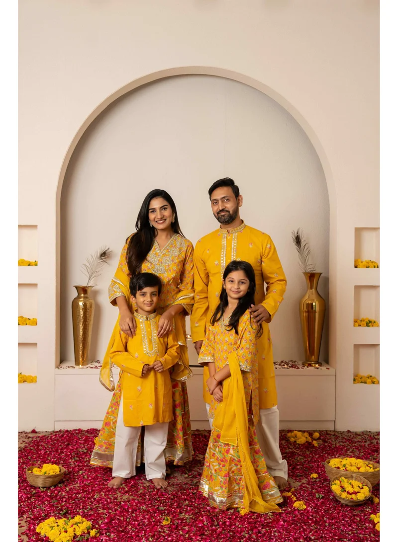 Matching Family Outfits Matching Yellow Ethnic Family Outfit Set | Festive Kurta Pajama for Men & Boys with Sharara Suit for Women & Girls | Traditional Celebration Wear