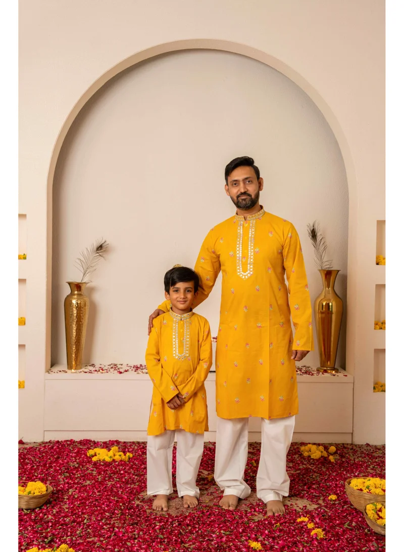 Matching Family Outfits  Matching Yellow Ethnic Family Outfit Set | Festive Kurta Pajama for Men & Boys with Sharara Suit for Women & Girls | Traditional Celebration Wear  | Best Price UAE