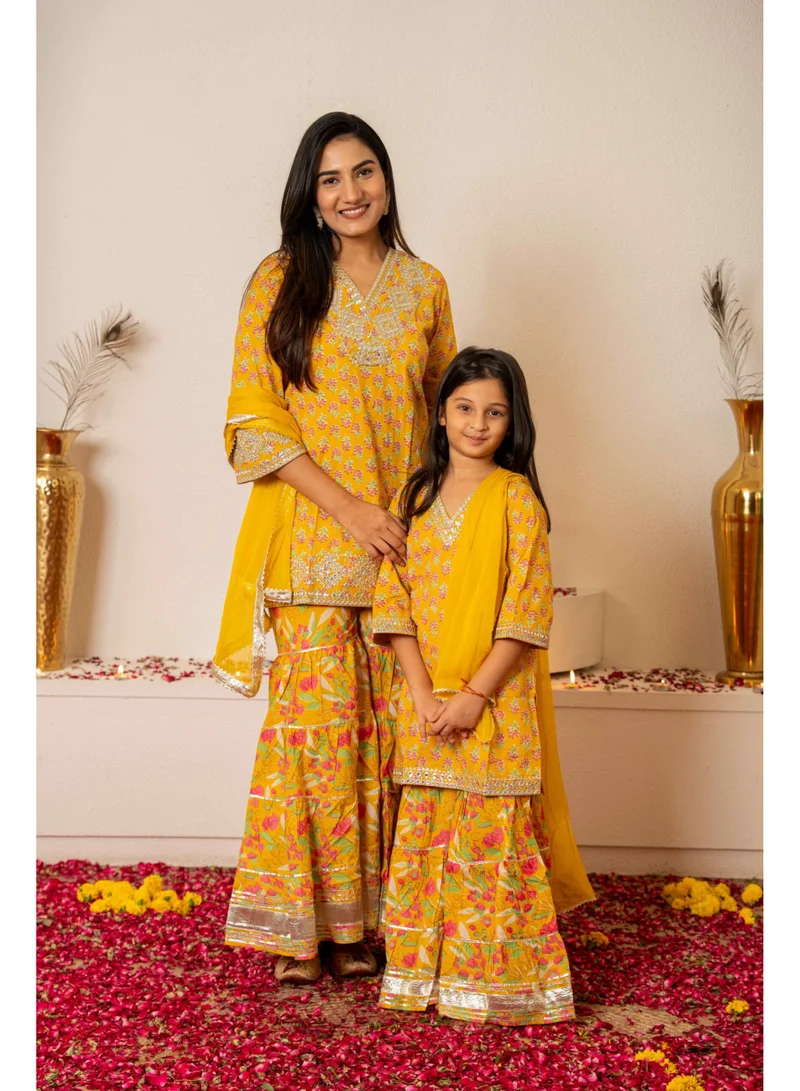 Matching Family Outfits  Matching Yellow Ethnic Family Outfit Set | Festive Kurta Pajama for Men & Boys with Sharara Suit for Women & Girls | Traditional Celebration Wear  | Best Price UAE