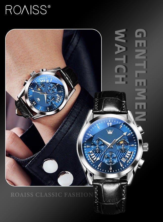 رويس ساعة كرونوغراف كوارتز بحزام جلدي للرجال، ساعة بقرص أزرق دائري مع عرض مرحلة القمر والتقويم، ساعة يد مضيئة مقاومة للماء كهدية للرجال - Image 1